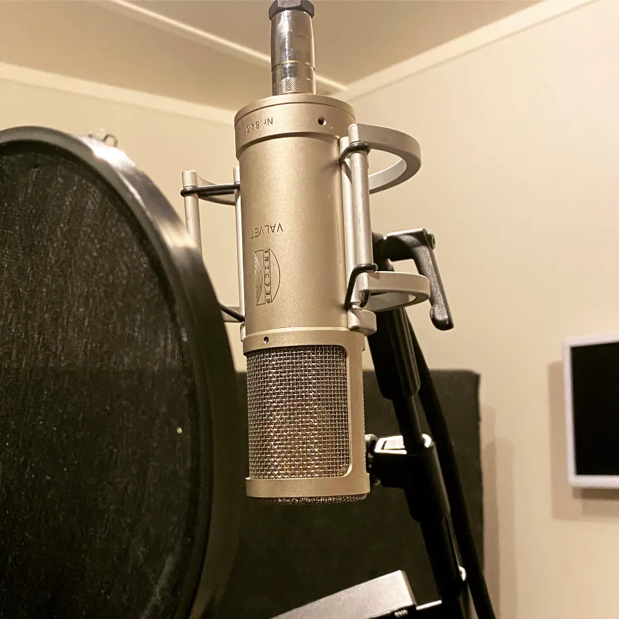 Närbild på en professionell studiomikrofon. Sektion för Therese Järvheden, svensk röstskådespelare inriktad på voice over, dubbning och reklamröst med skånsk dialekt.